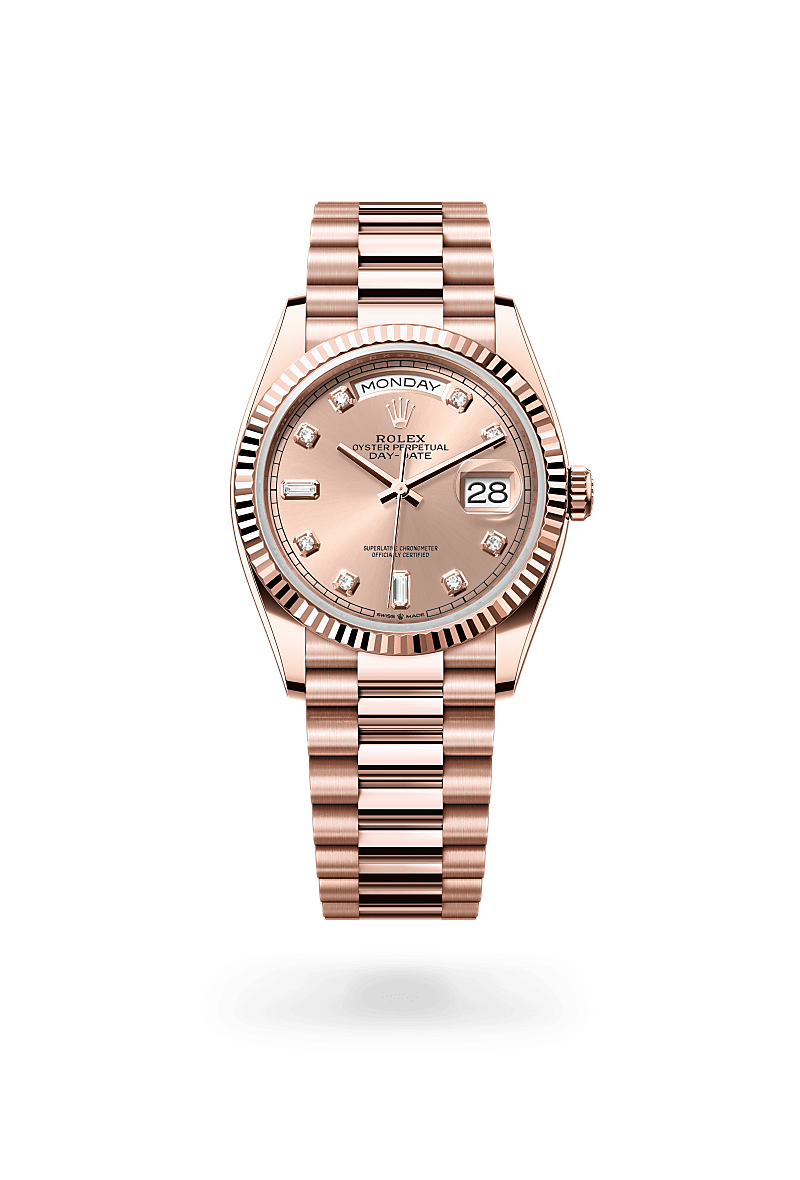 Rolex Day-Date 36 watch in 18 ct Everose gold with a fluted bezel