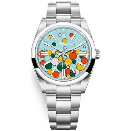 Rolex Oyster Perpetual with a turquoise blue celebration motif dial