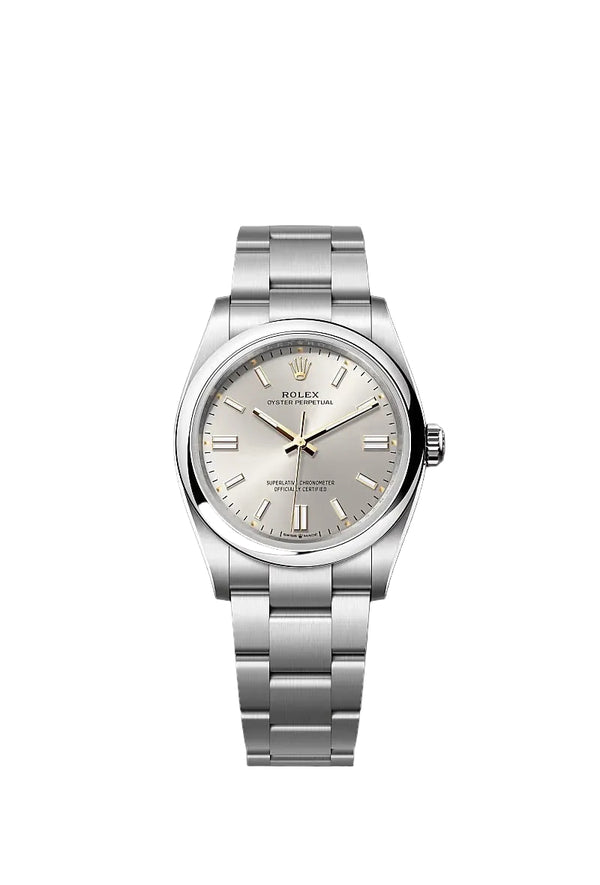 Rolex Oyster Perpetual 36 watch with a silver dial