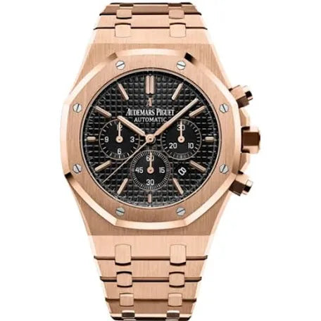 Audemars Piguet Royal Oak Chronograph in 18k rose gold with a black "Grande Tapisserie" dial.