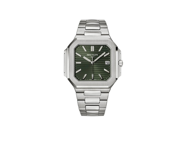 Patek Philippe Cubitus 5821/1A-001 watch in stainless steel with a sunburst olive green dial.