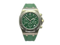 Audemars piguet Royal Oak Chronograph watch with a green dial and a green rubber strap.