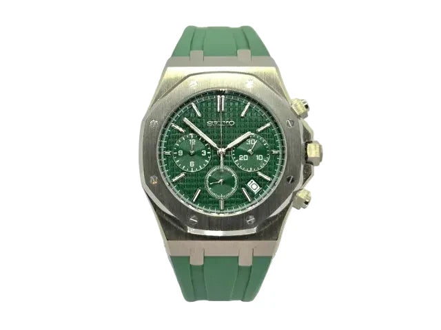 Audemars piguet Royal Oak Chronograph watch with a green dial and a green rubber strap.