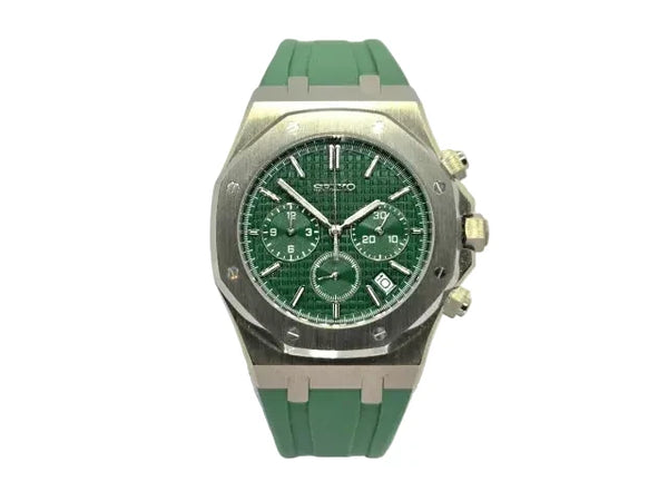 Audemars piguet Royal Oak Chronograph watch with a green dial and a green rubber strap.