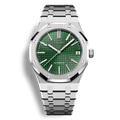 Audemars piguet Royal Oak watch with a green dial and stainless steel case and bracelet.