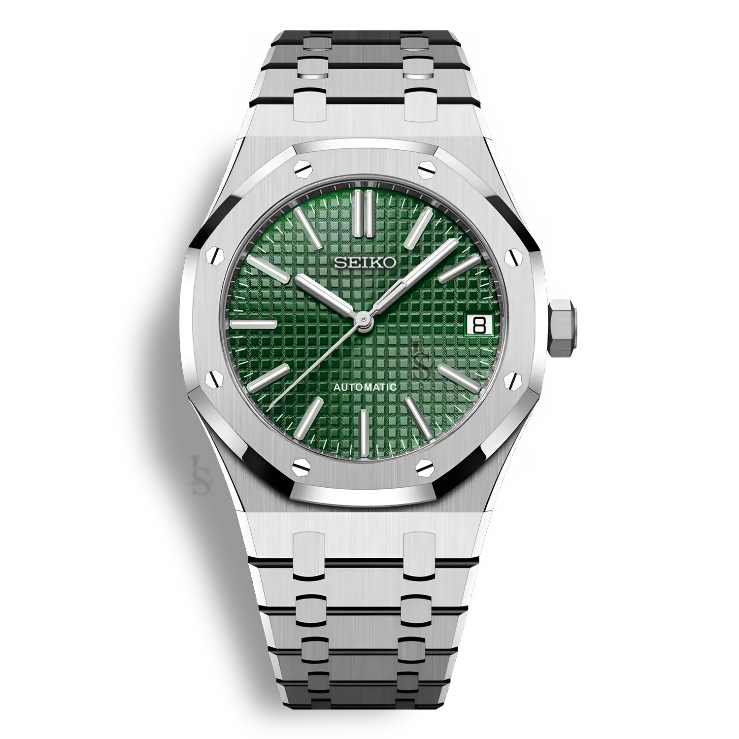 Audemars piguet Royal Oak watch with a green dial and stainless steel case and bracelet.