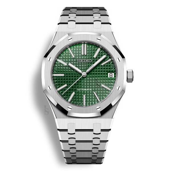 Audemars piguet Royal Oak watch with a green dial and stainless steel case and bracelet.