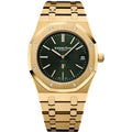 Audemars Piguet Royal Oak Selfwinding watch with a black dial and 18-carat yellow or rose gold case and bracelet.