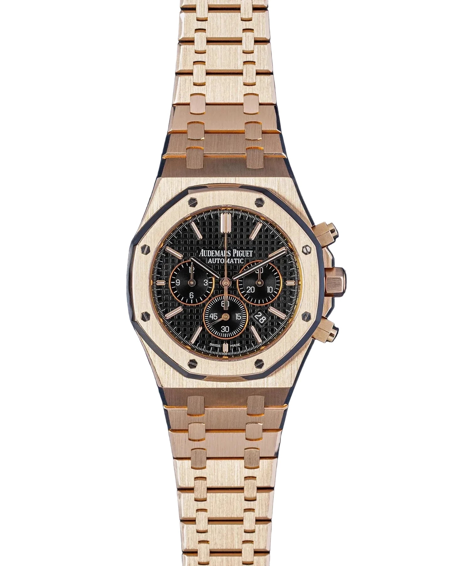 Audemars Piguet Royal Oak Chronograph in yellow gold with a black "Mega Tapisserie" dial.