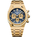Audemars Piguet Royal Oak Chronograph 41mm in 18k yellow gold with a blue "Grande Tapisserie" dial